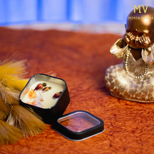 Moksh Vatika – Rose Petal Bliss Scented Soy Wax Candle in Black Tin Box