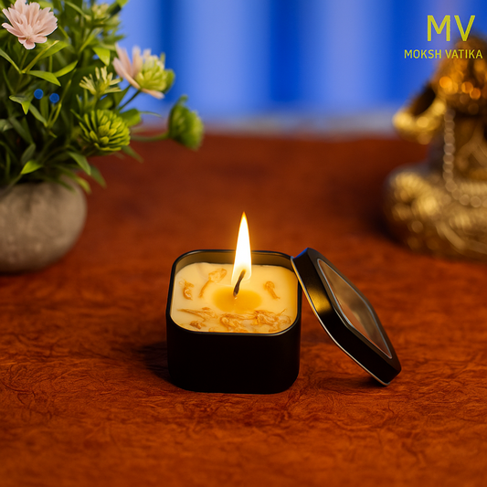 Moksh Vatika – Jasmine Bloom Scented Soy Wax Candle in Black Tin Box