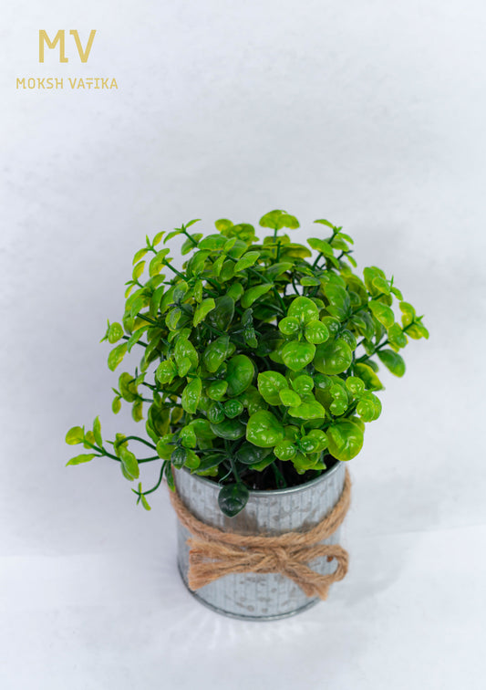 Faux Green Plant in Tin Pot with Jute Tie