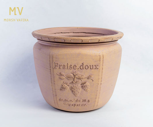 Vintage French Strawberry Embossed Pot With Beige Clay Finish