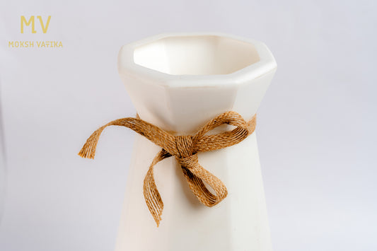 White Hexa Vase with Jute Bow