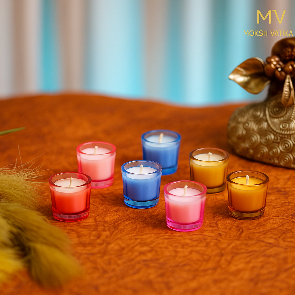 Colored Glass Votive Candles – Set of 6 | Moksh Vatika