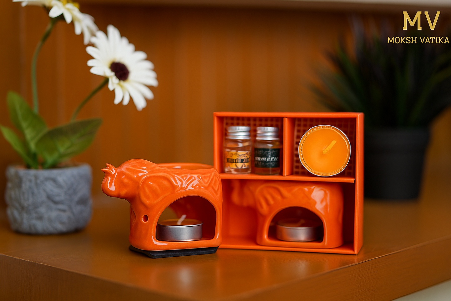 Premium Elephant Ceramic Aroma Diffuser with Scented Oils & Tealight Candle