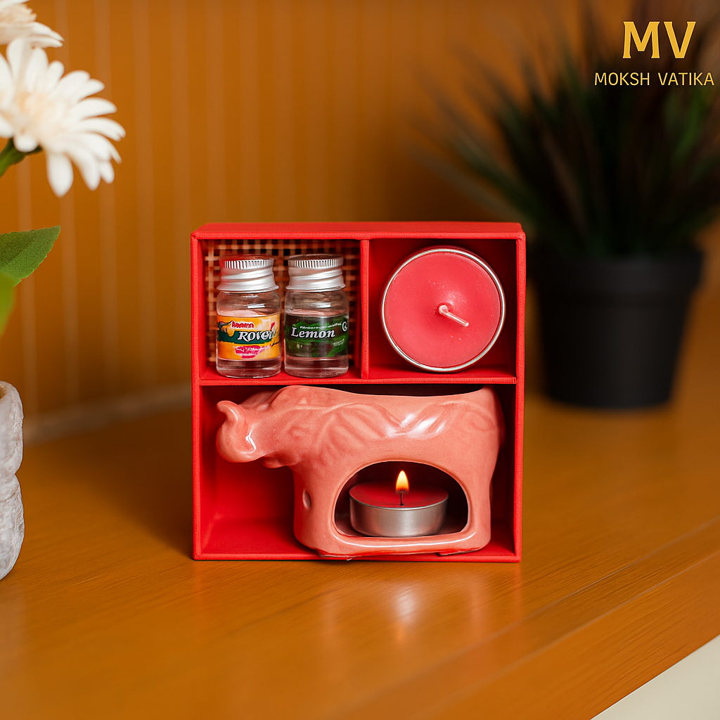 Premium Pink Elephant Ceramic Aroma Diffuser with Scented Oils & Tealight Candle – Moksh Vatika