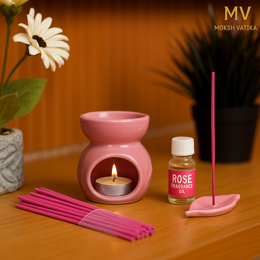 Moksh Vatika Ceramic Aroma Diffuser Gift Set – Rose Fragrance