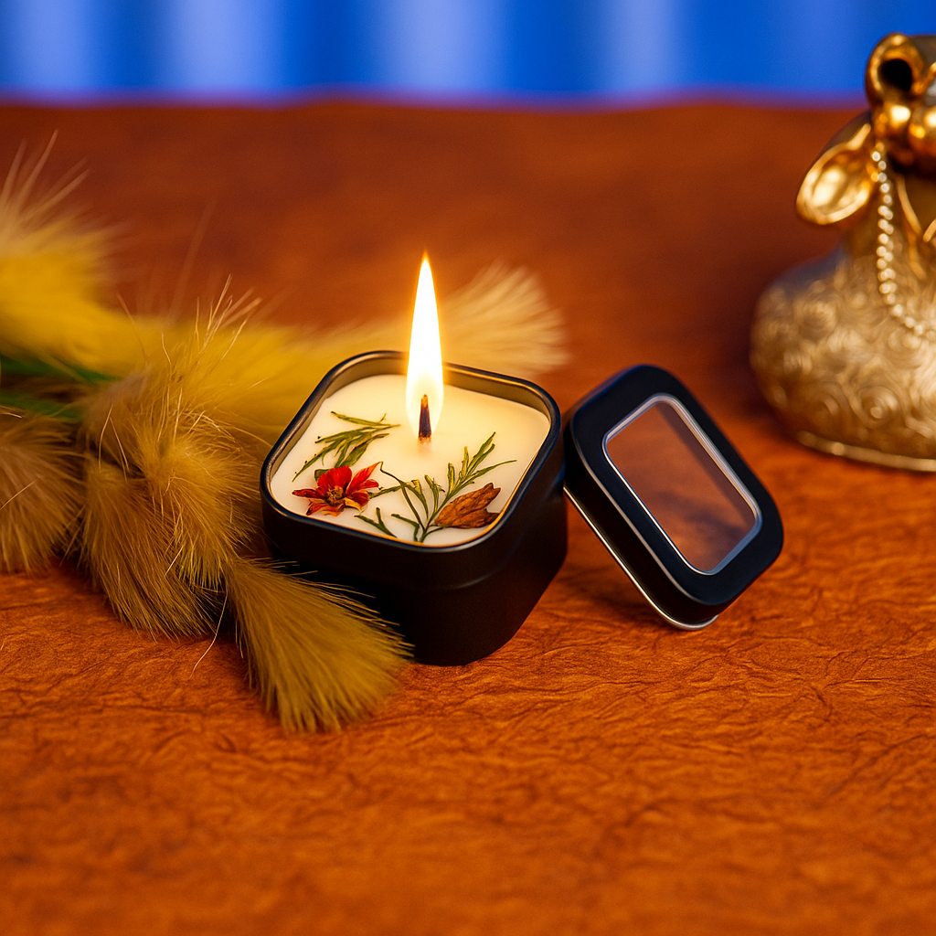 Handcrafted Botanical Soy Wax Candle in Black Square Tin – Moksh Vatika