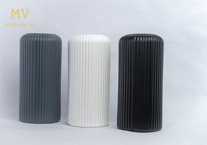 MV Ribbed Ceramic Vase – Set of 3 (Black, Grey & White)