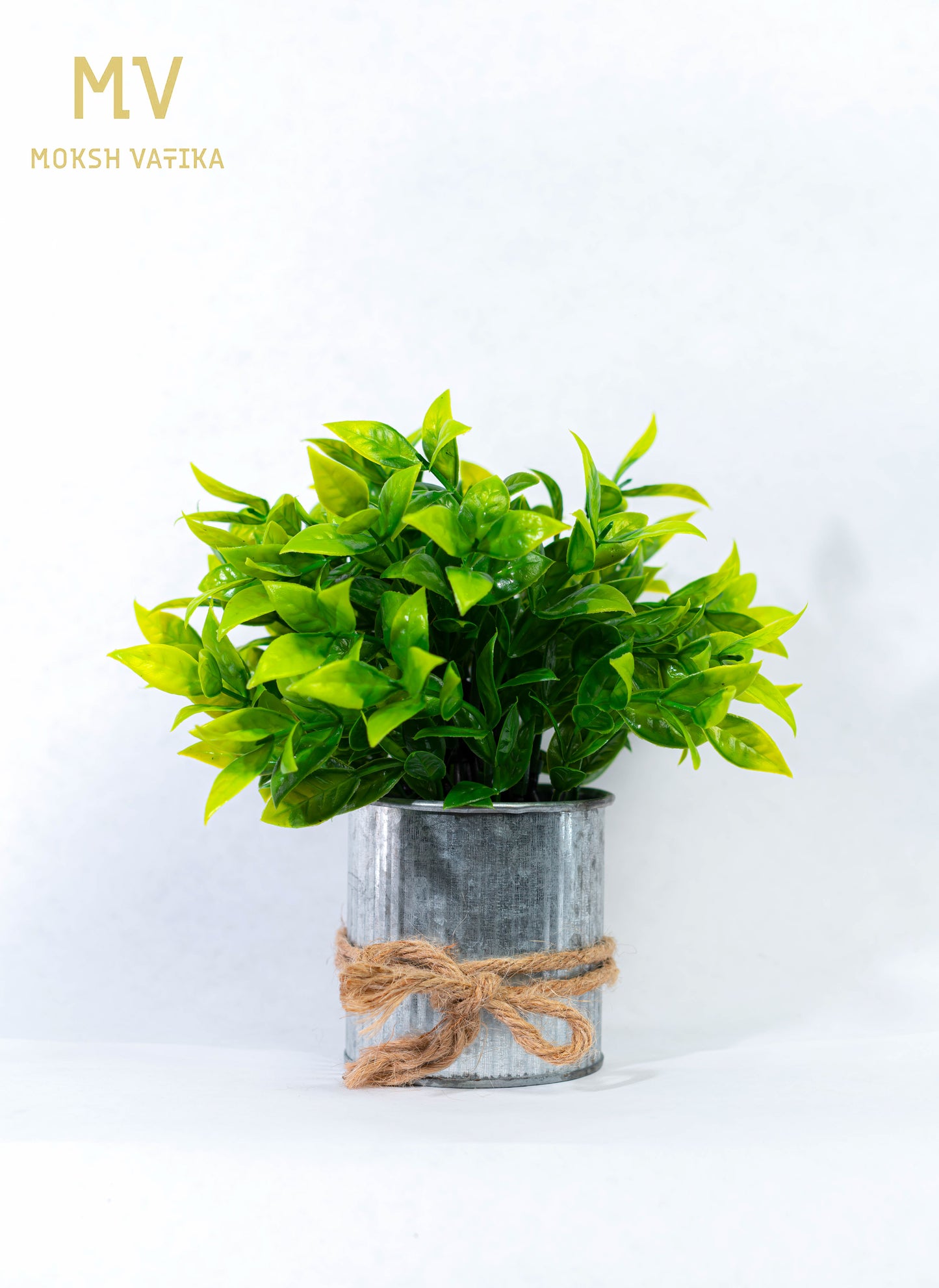 Faux Green Plant in Tin Pot with Jute Tie