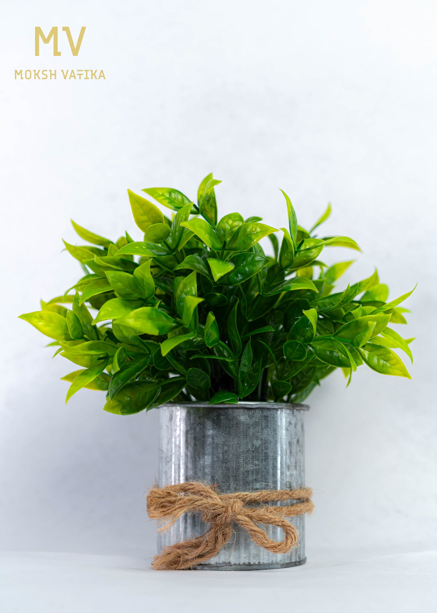 Faux Green Plant in Tin Pot with Jute Tie