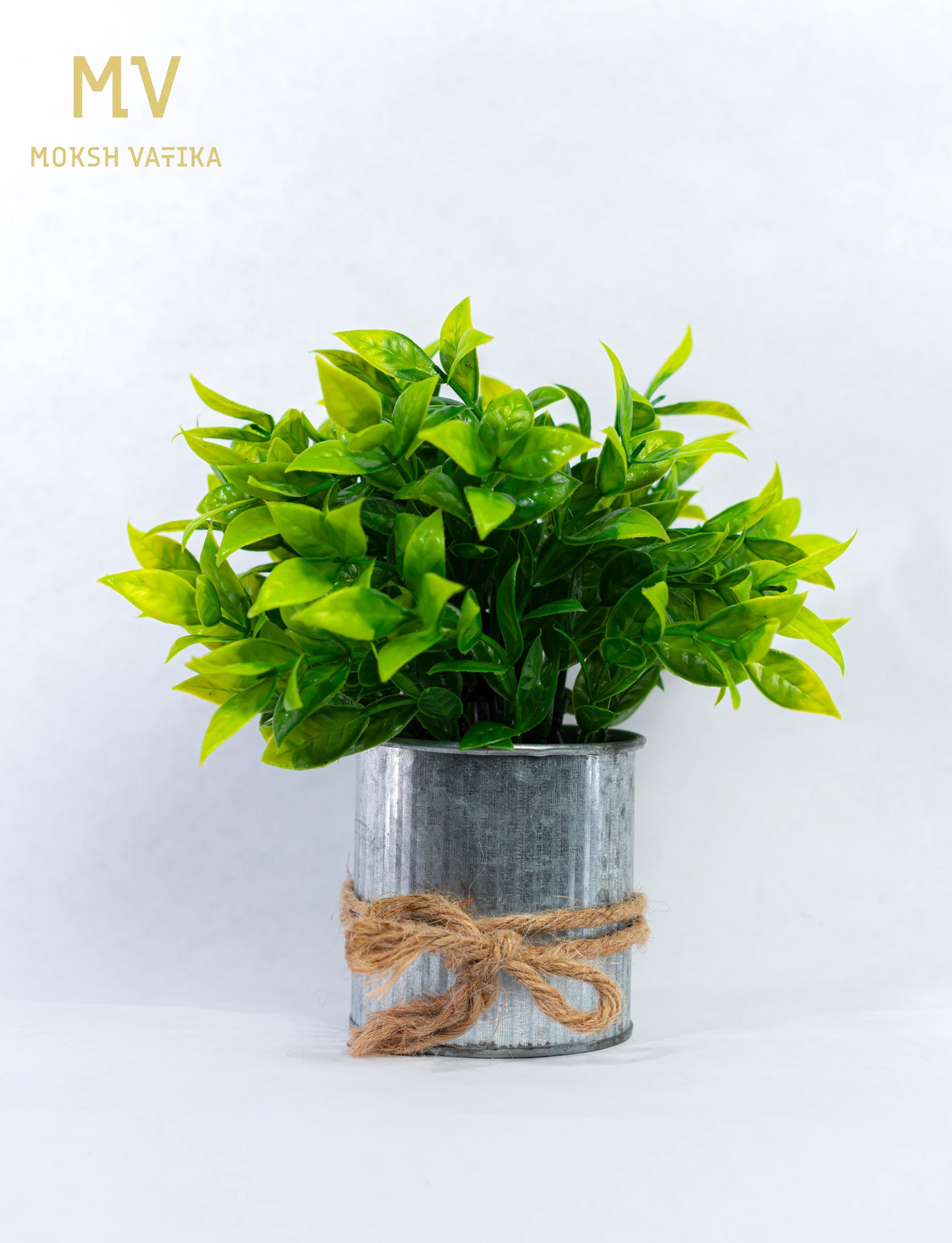 Faux Green Plant in Tin Pot with Jute Tie
