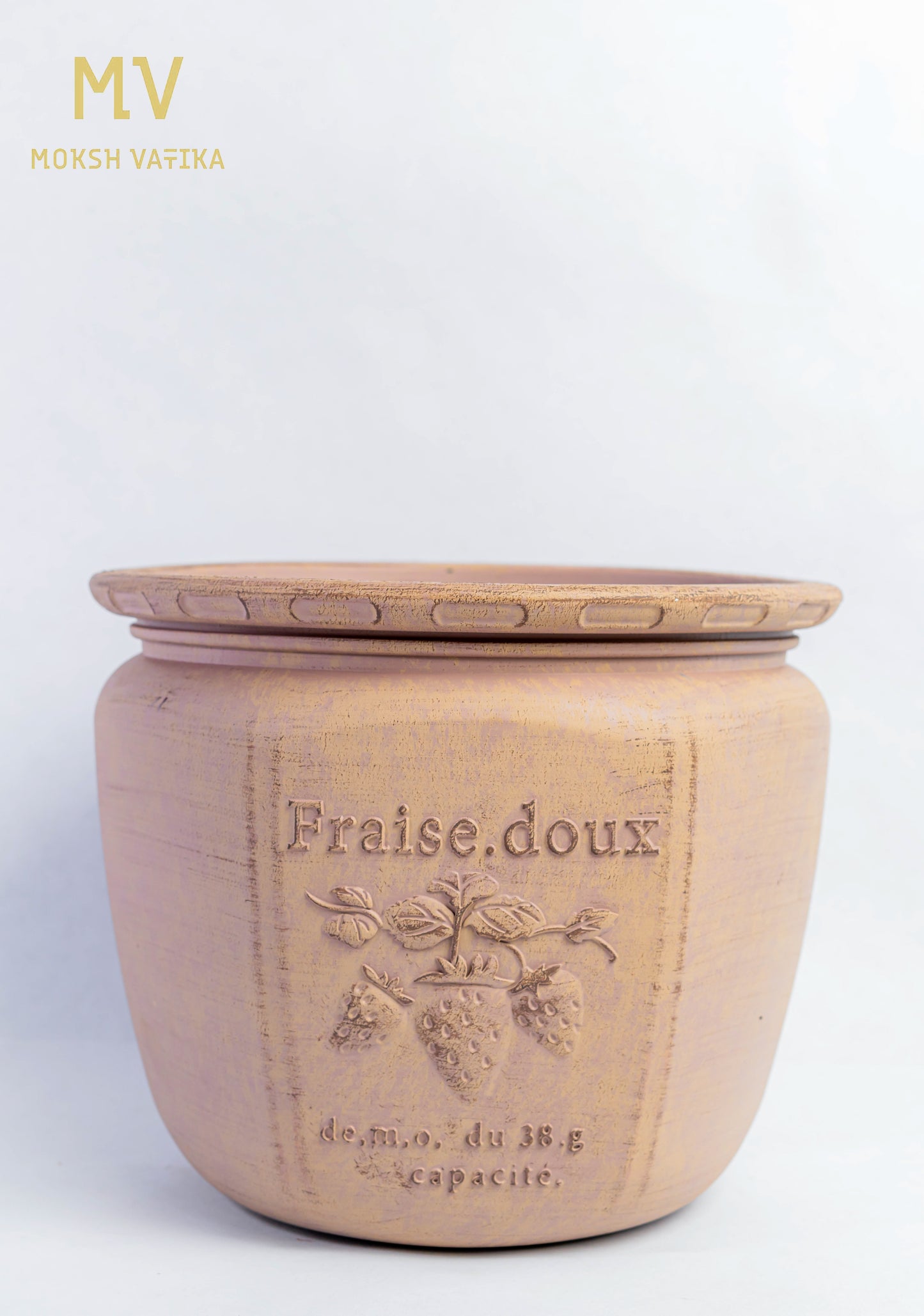 Vintage French Strawberry Embossed Pot With Beige Clay Finish
