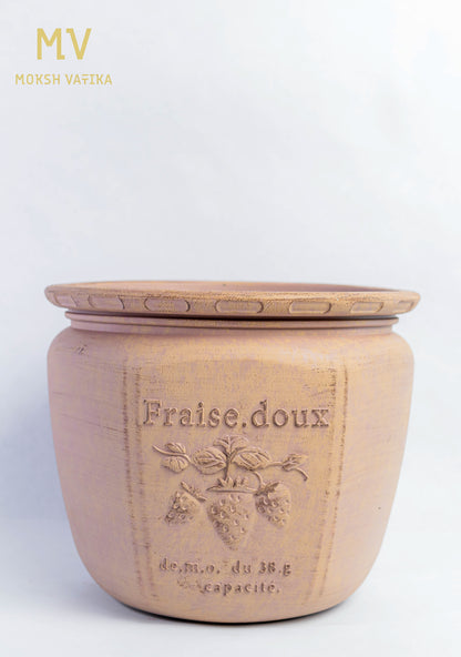 Vintage French Strawberry Embossed Pot With Beige Clay Finish