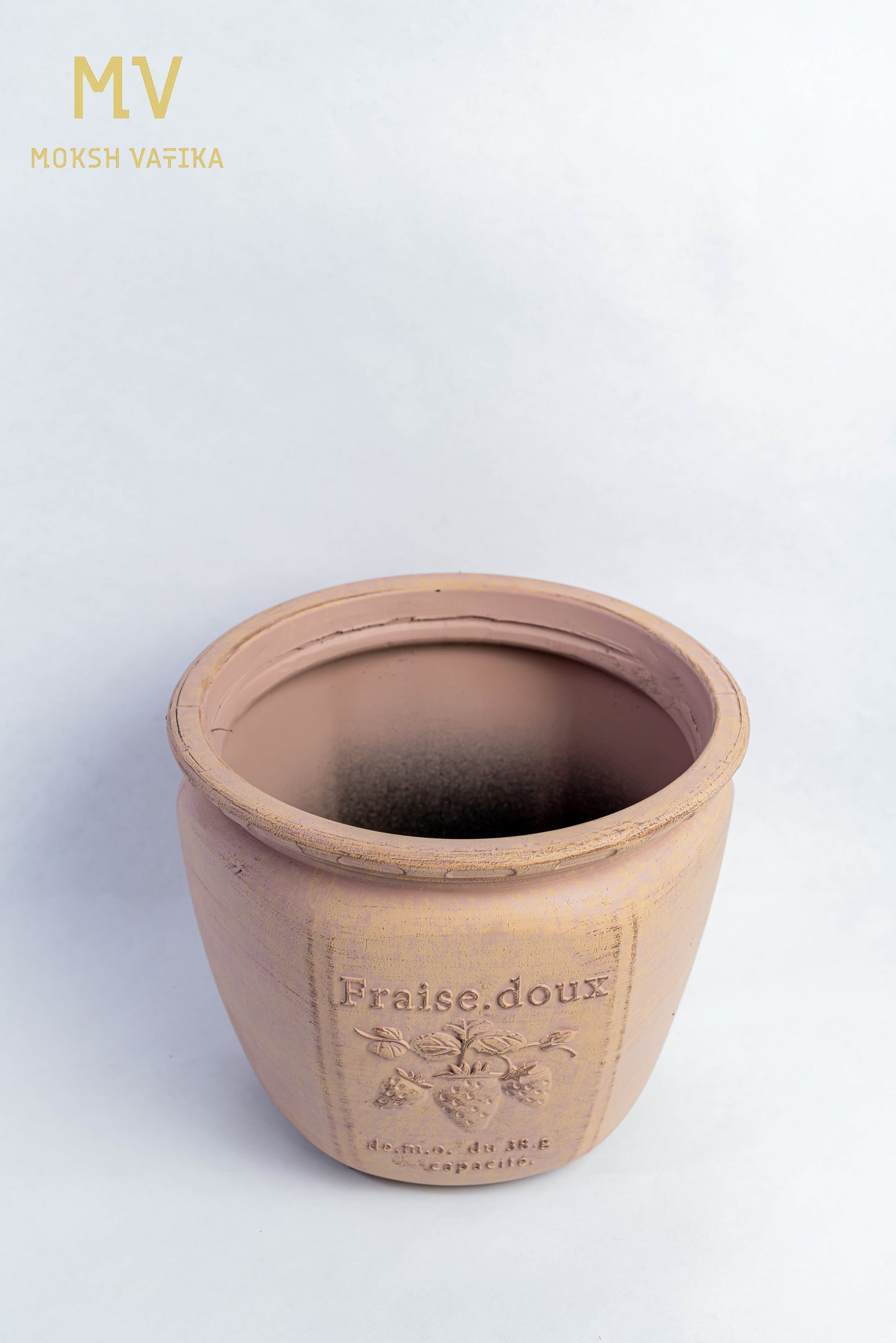 Vintage French Strawberry Embossed Pot With Beige Clay Finish