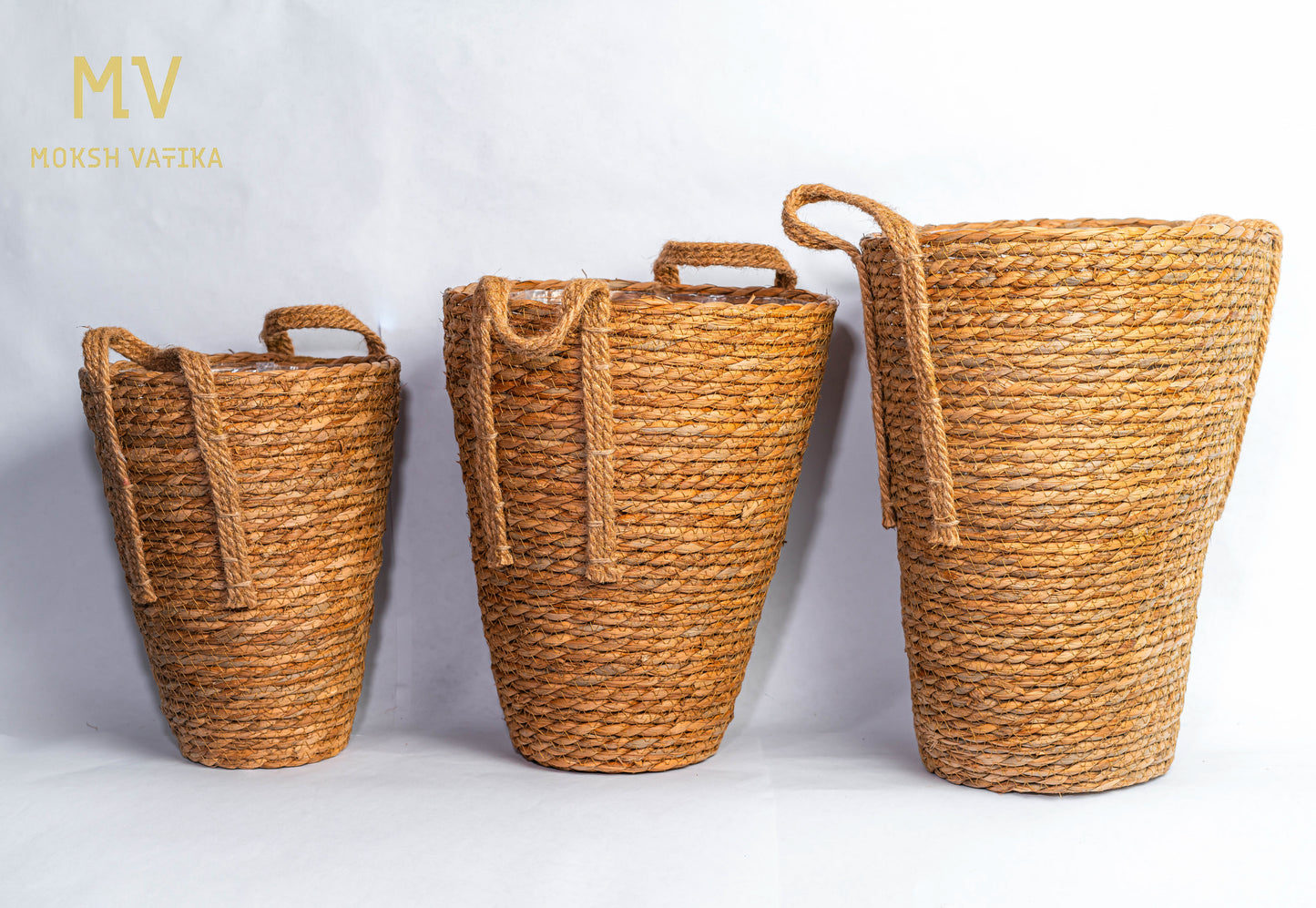 Handwoven Natural Jute Planter Basket with Handles - set of 3 basks
