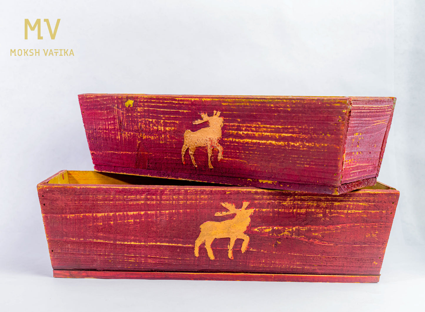 Rustic Reindeer Wooden Containers - Set of 2