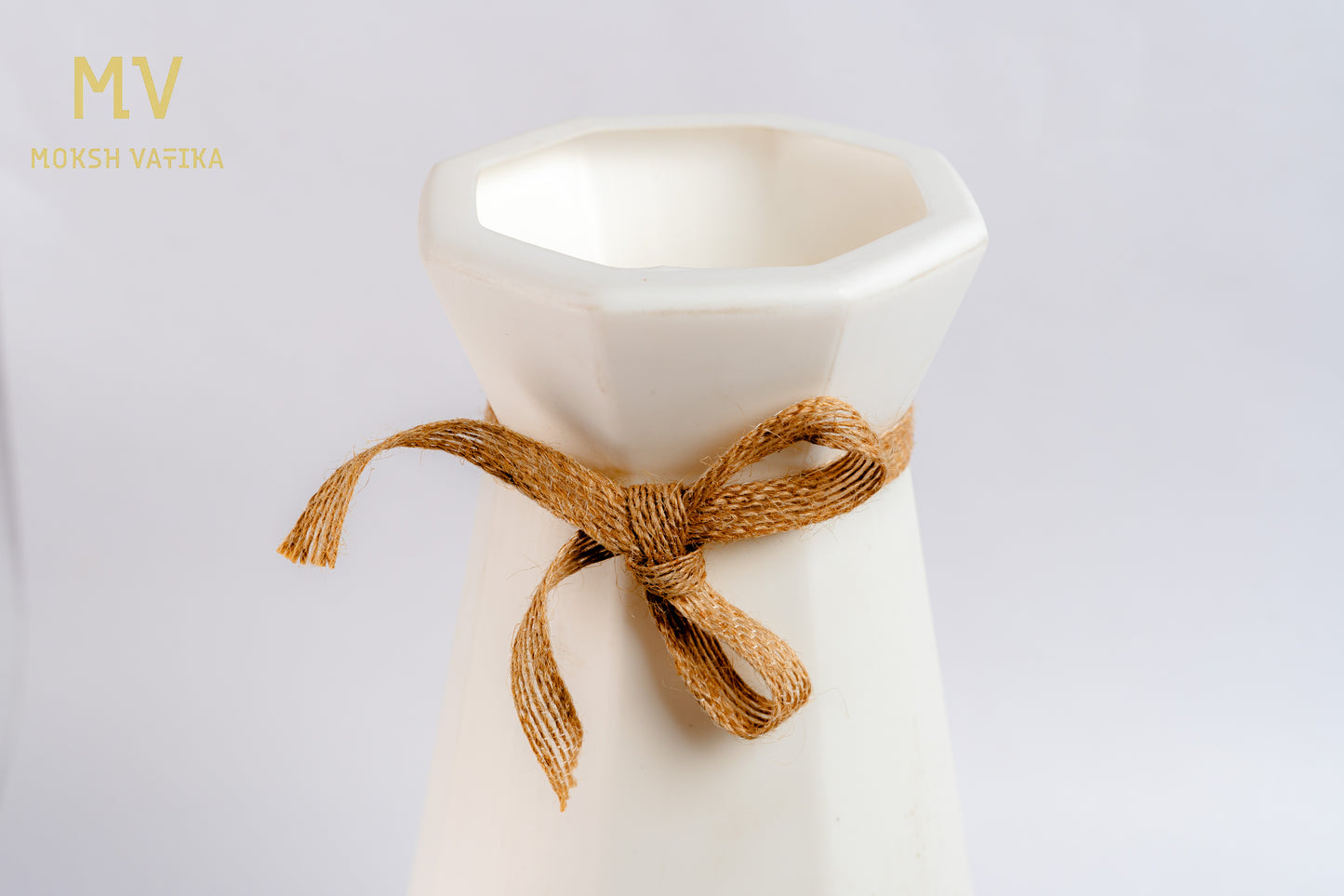 White Hexa Vase with Jute Bow