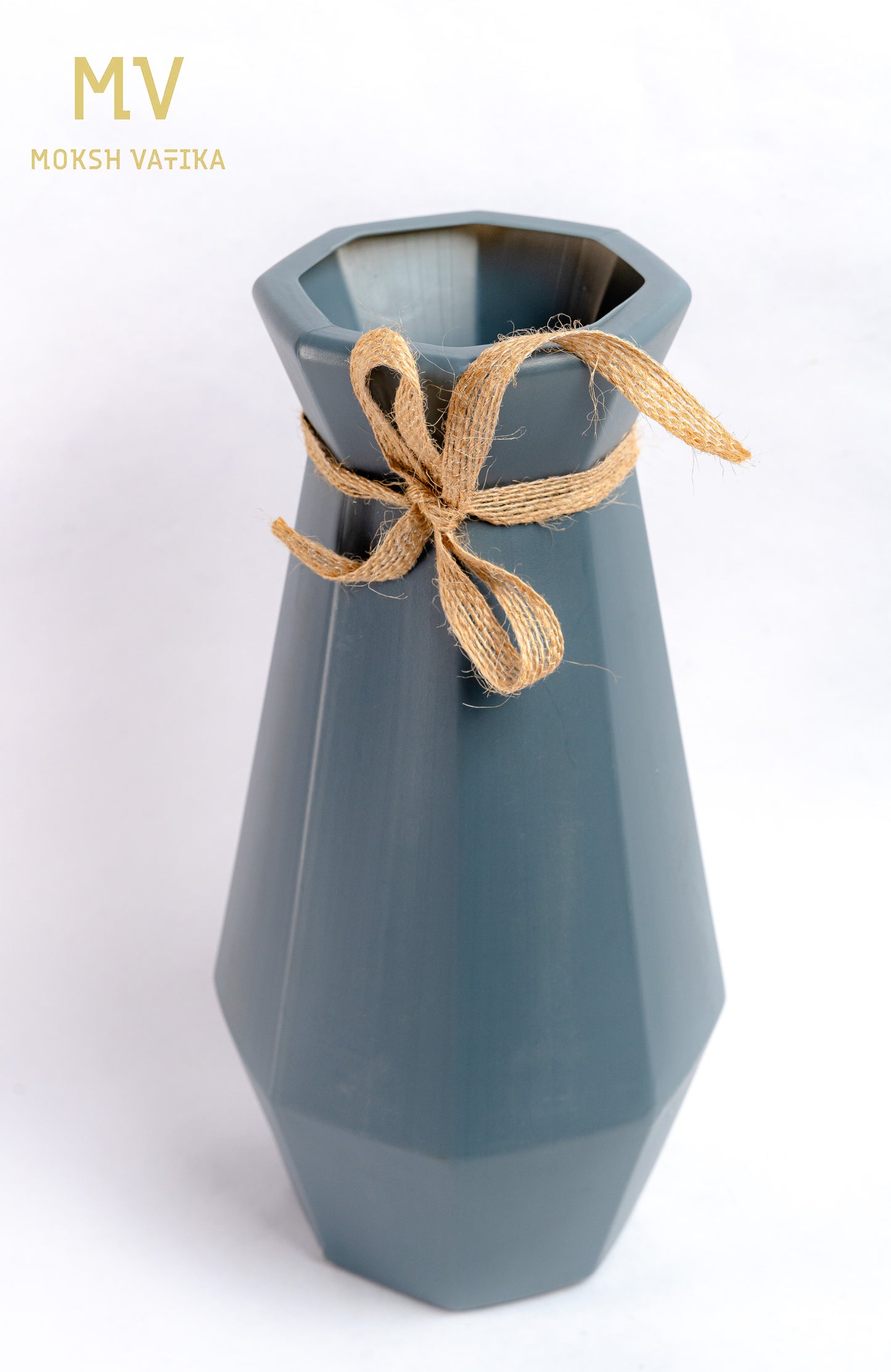 Blue Hexa Vase with Jute Bow