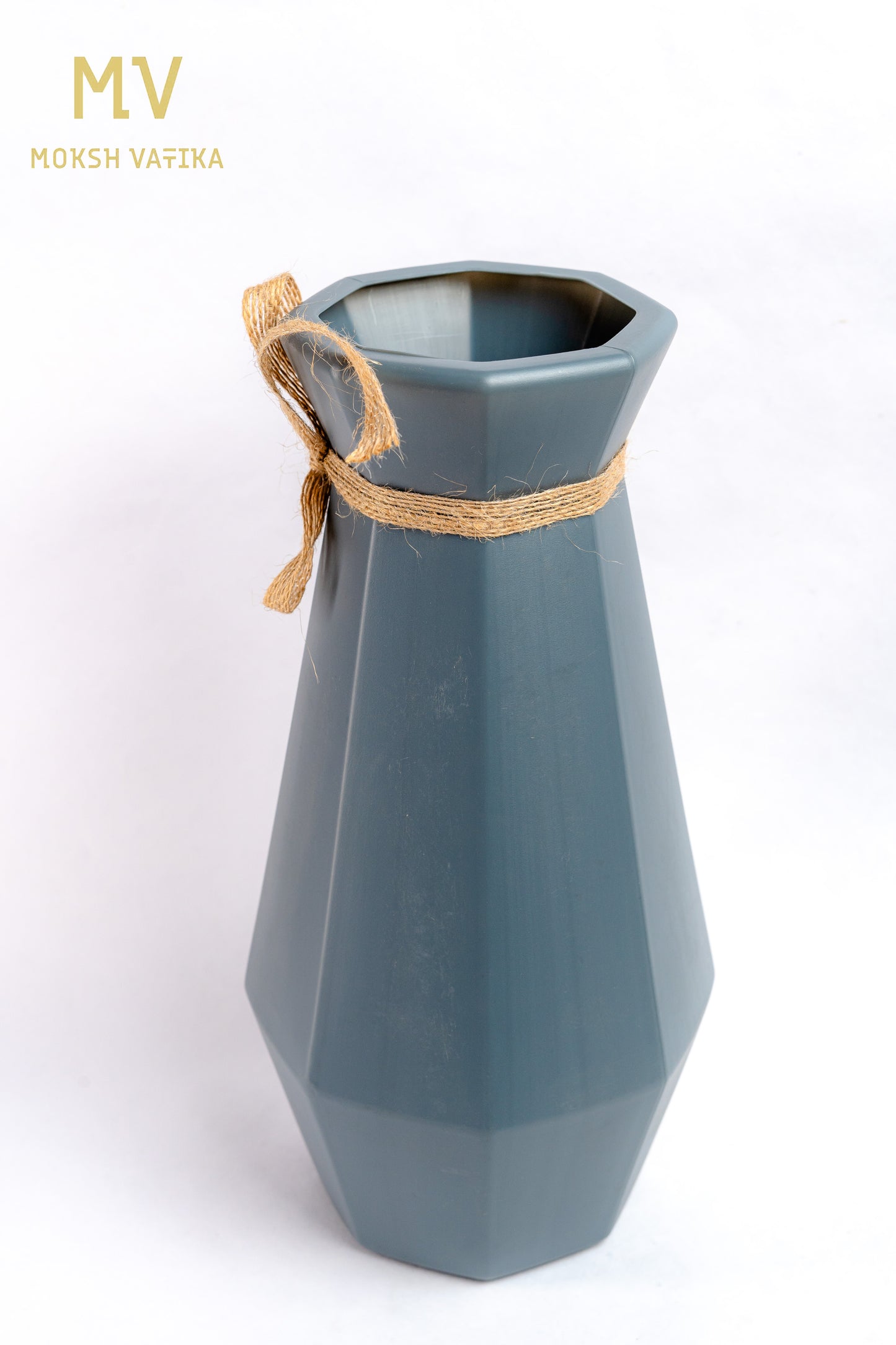 Blue Hexa Vase with Jute Bow