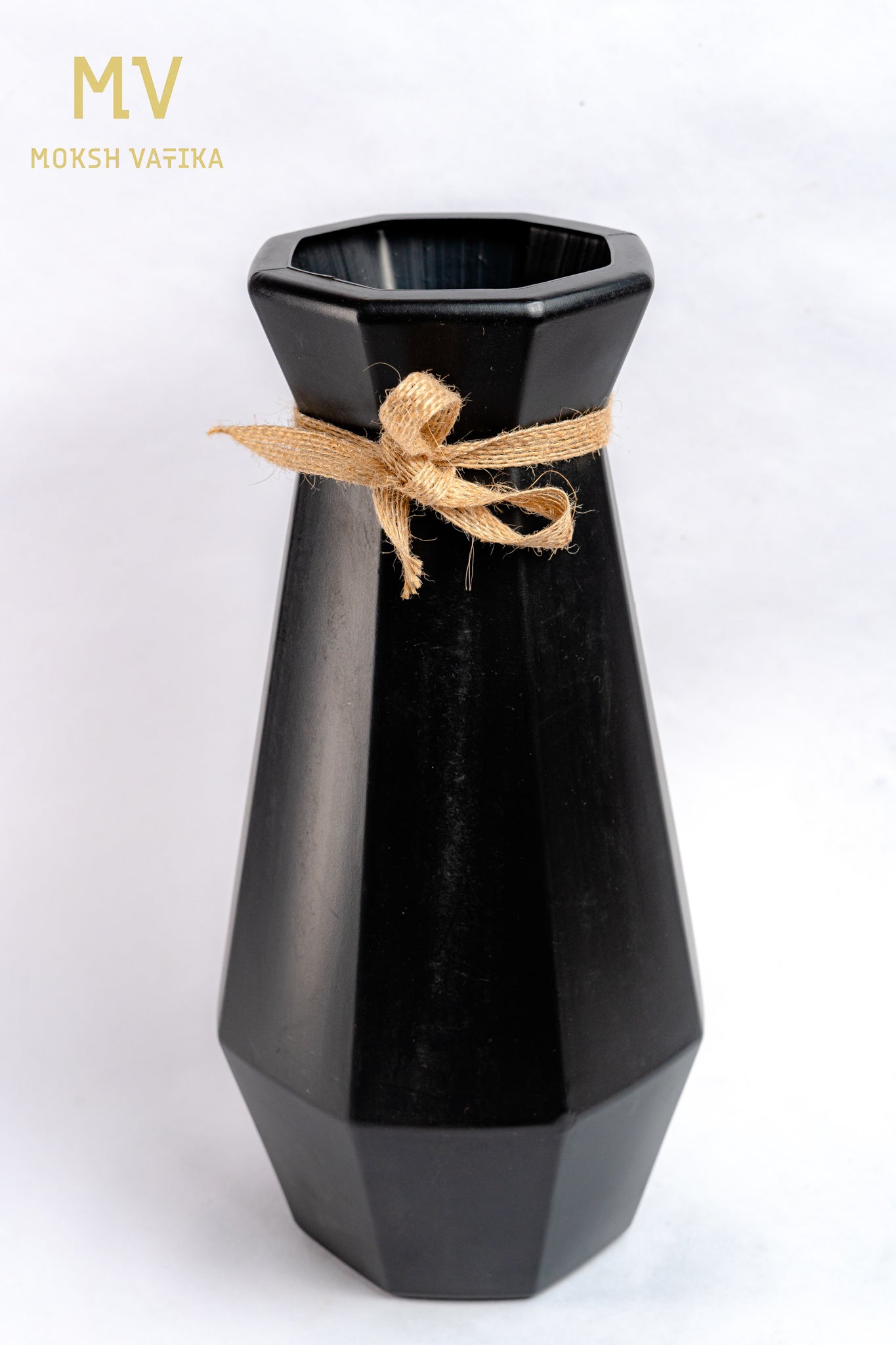 Black Hexa Vase with Jute Bow