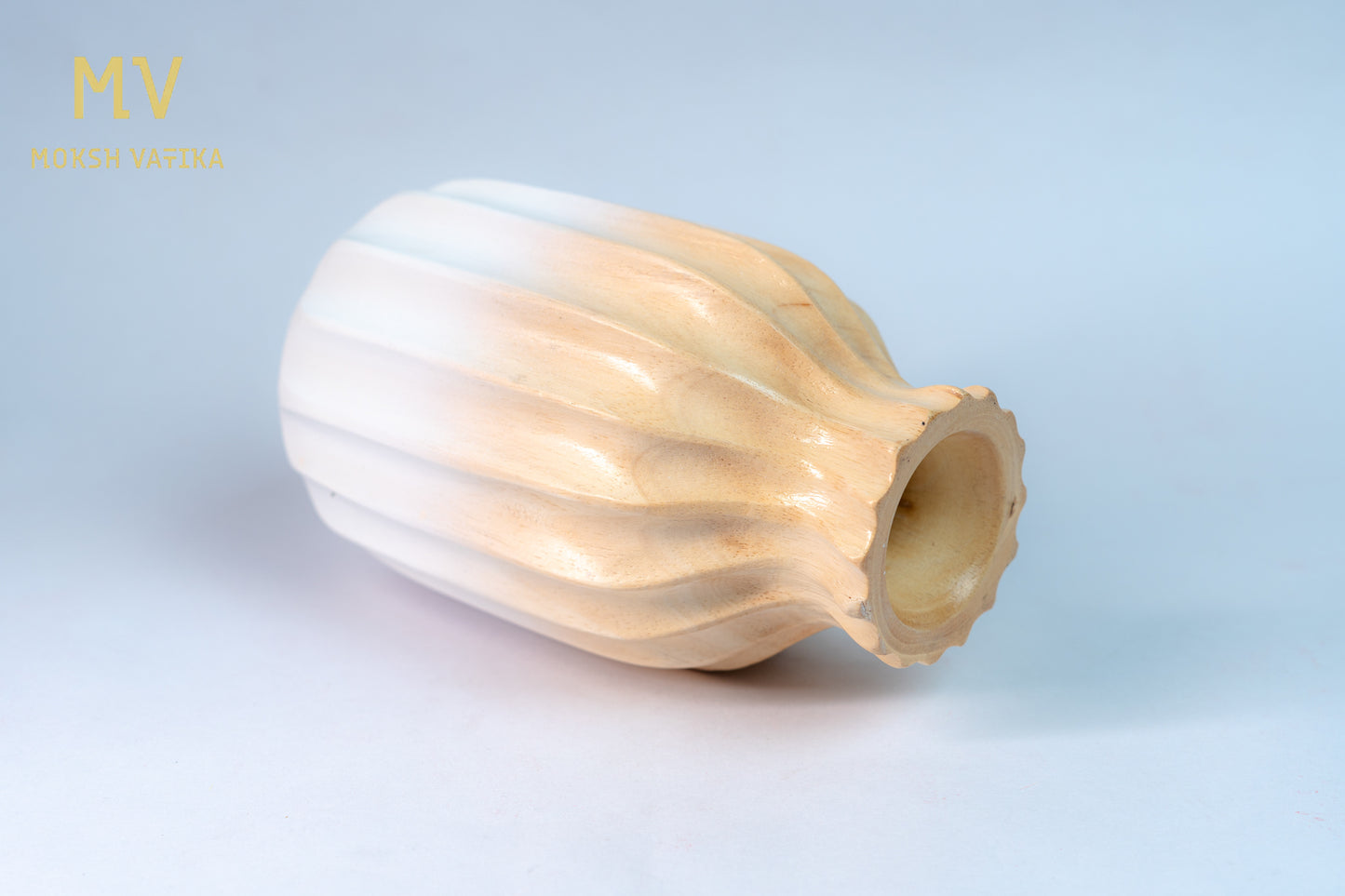 Two-Tone Textured Wooden Vase – Beige to White Gradient